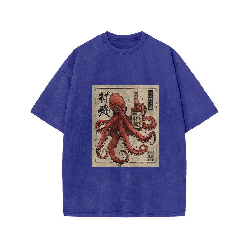 Unisex 100% Cotton Osaka Saké Octopus Vintage Print Acid Washed T-shirt - Blue - 3XL - image 6