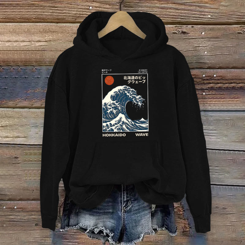 100% Cotton Hokkaido Wave Japanese Design Print Women's Hoodie - Black - 2XL - image 3