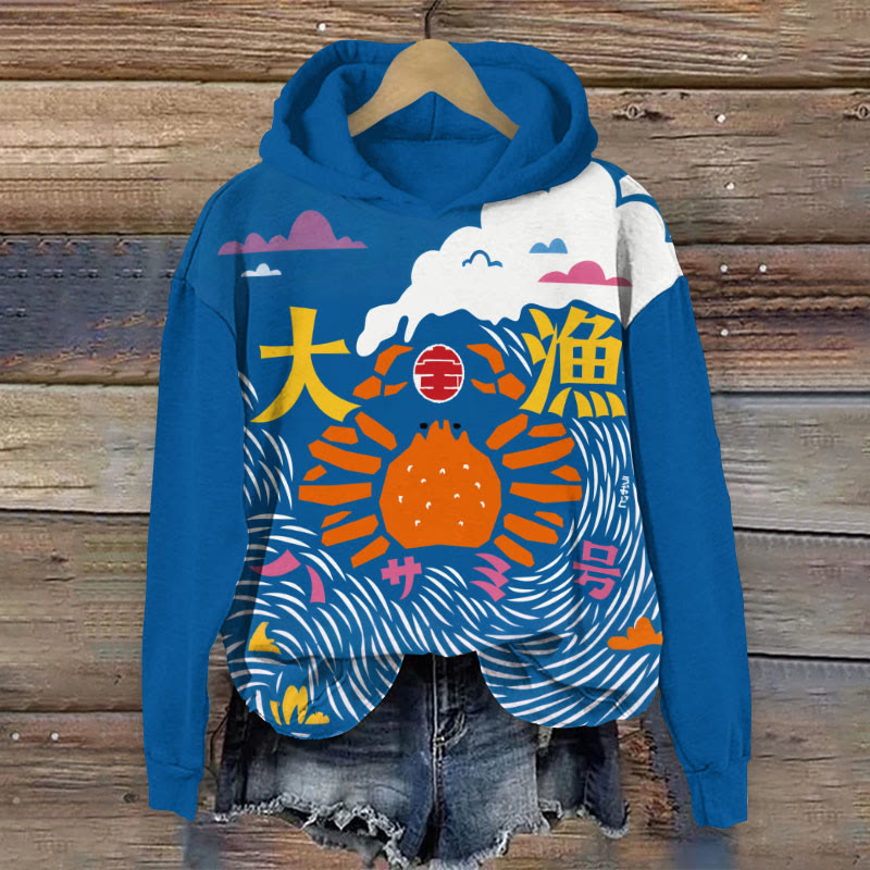 Retro Japanese Geometric Crab Print Long Sleeve Hoodie - Blue - 8XL - image 1