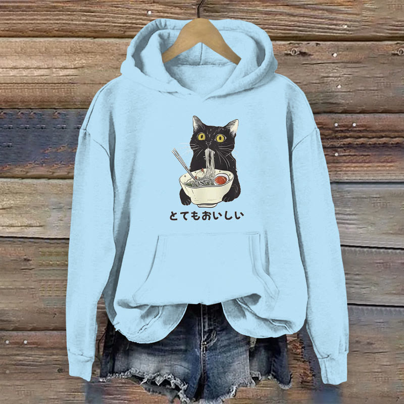 100% Cotton Cats Eat Ramen Noodles Print Women's Hoodie - Blue - 2XL - image 2