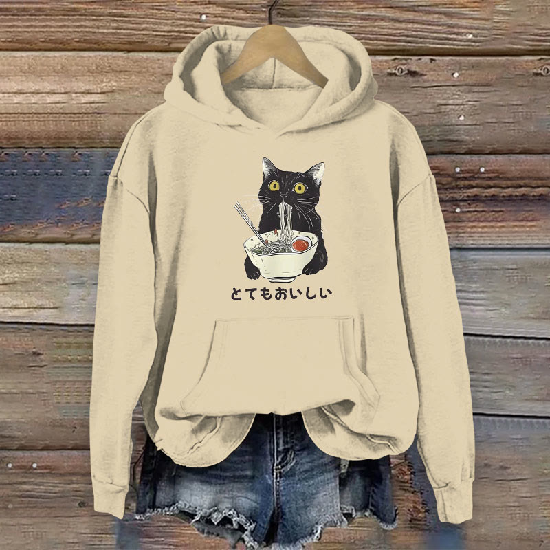 100% Cotton Cats Eat Ramen Noodles Print Women's Hoodie - Khaki - 2XL - image 1