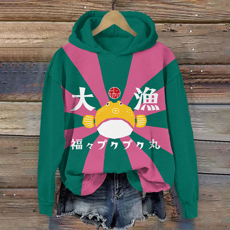 Japanese Cute Color Matching Puffer Fish Print Long Sleeve Hoodie - Green - 8XL - image 1