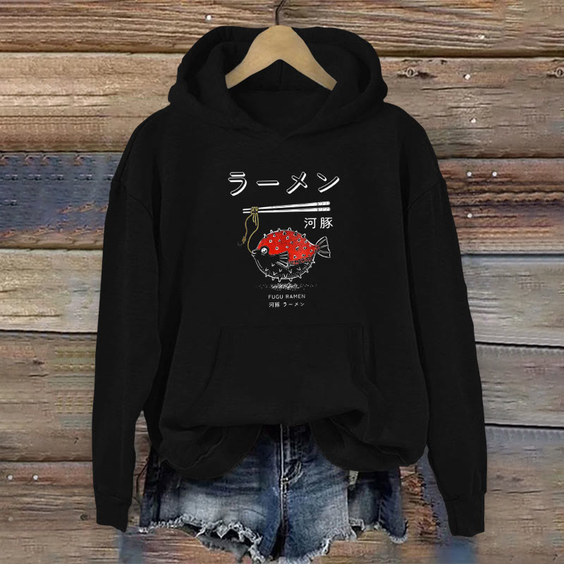 100% Cotton Cute Japanese Fugu Fish Ramen Print Women's Hoodie - Black - 2XL - image 2