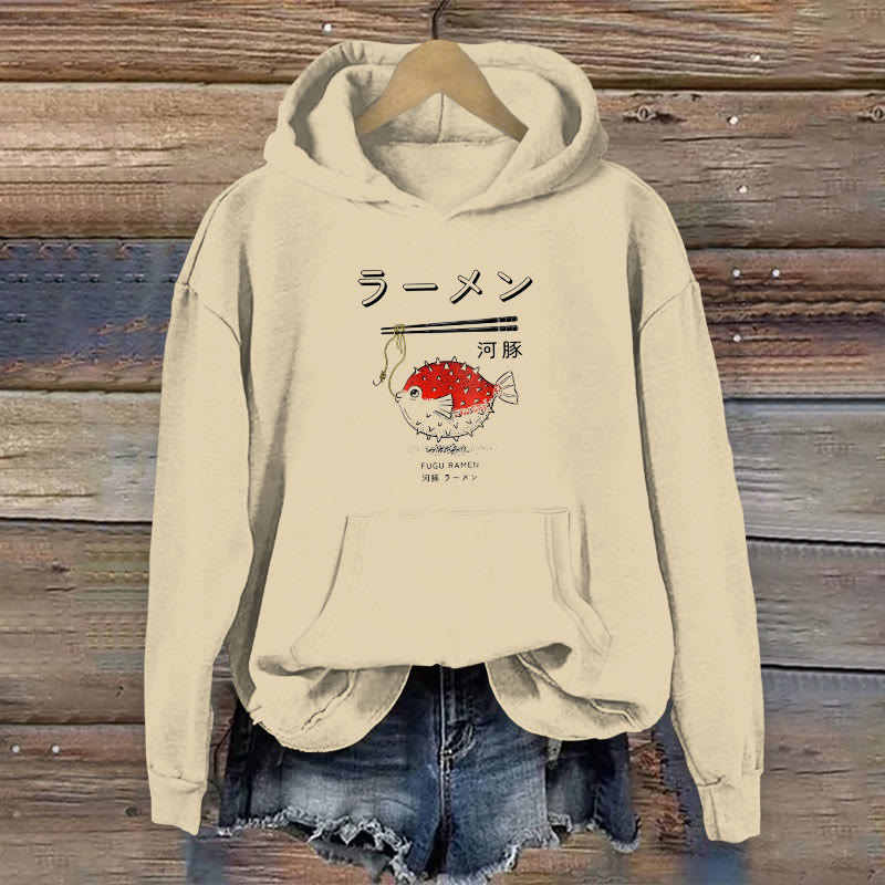 100% Cotton Cute Japanese Fugu Fish Ramen Print Women's Hoodie - Khaki - 2XL - image 1