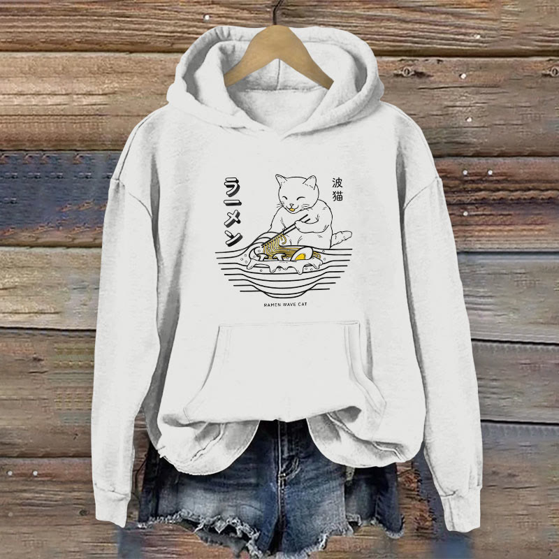 100% Cotton Japanese Wave Cute Cat Ramen Print Women's Hoodie - White - 2XL - image 1