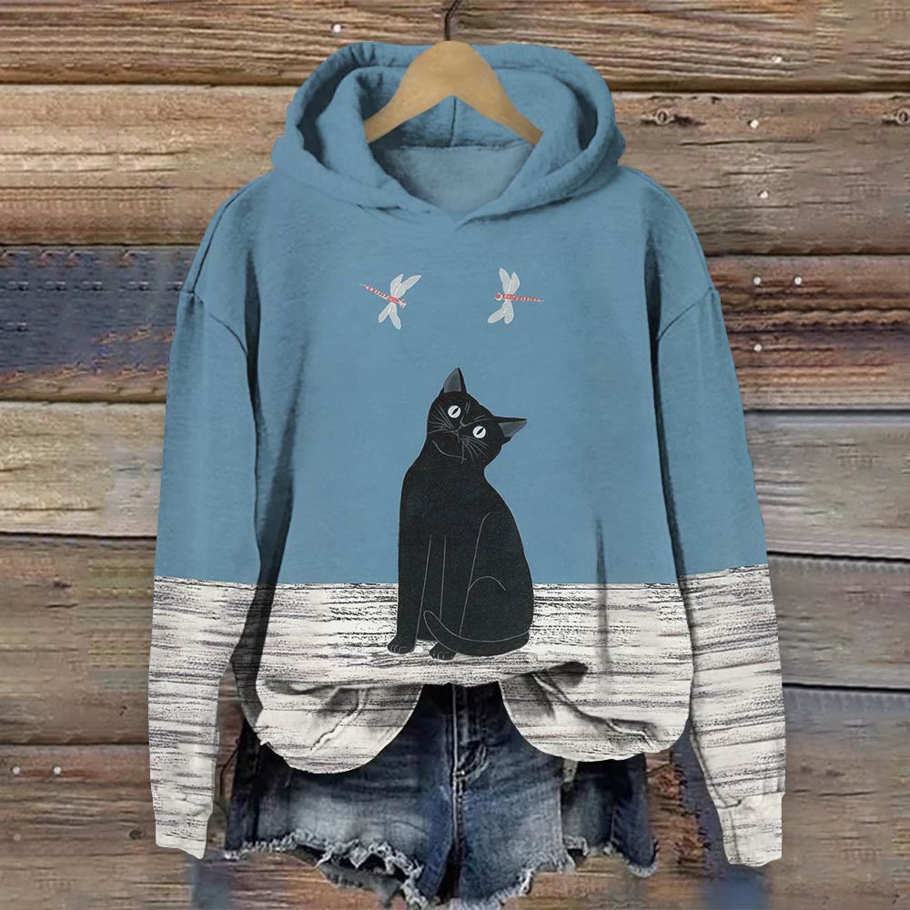 Vintage Japanese Dragonfly And Cat Print Long Sleeve Hoodie - Blue - 8XL - image 1