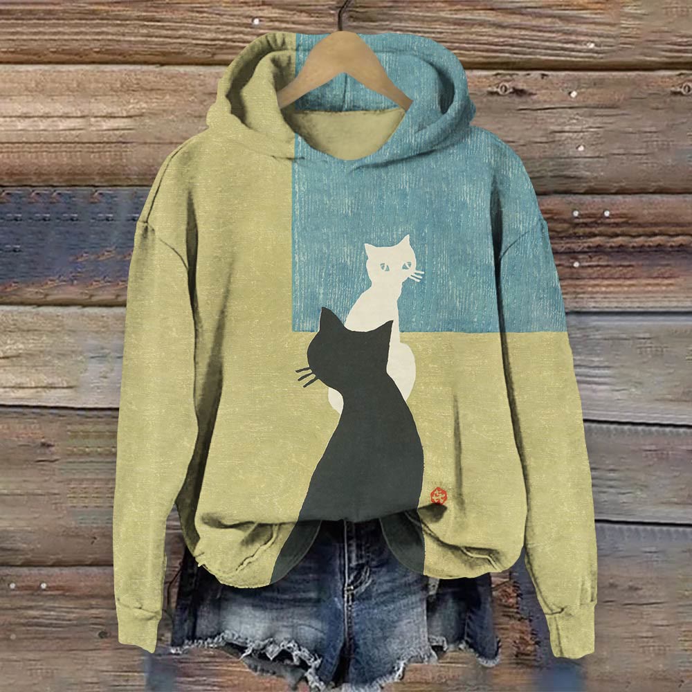 Retro Japanese Style Black And White Cat Print Long Sleeve Hoodie - Green - 8XL - image 1