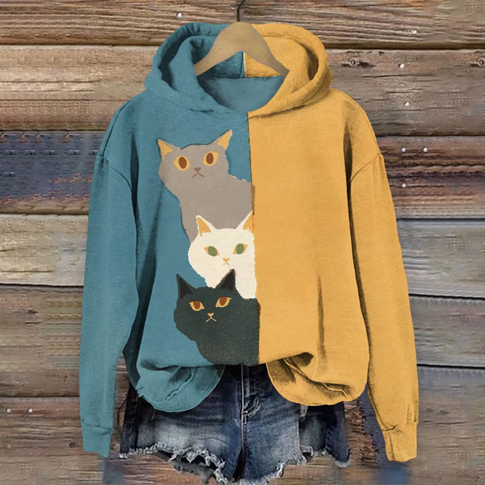 Colorblock Curious Cat Print Long Sleeve Hoodie - Yellow - 8XL - image 1