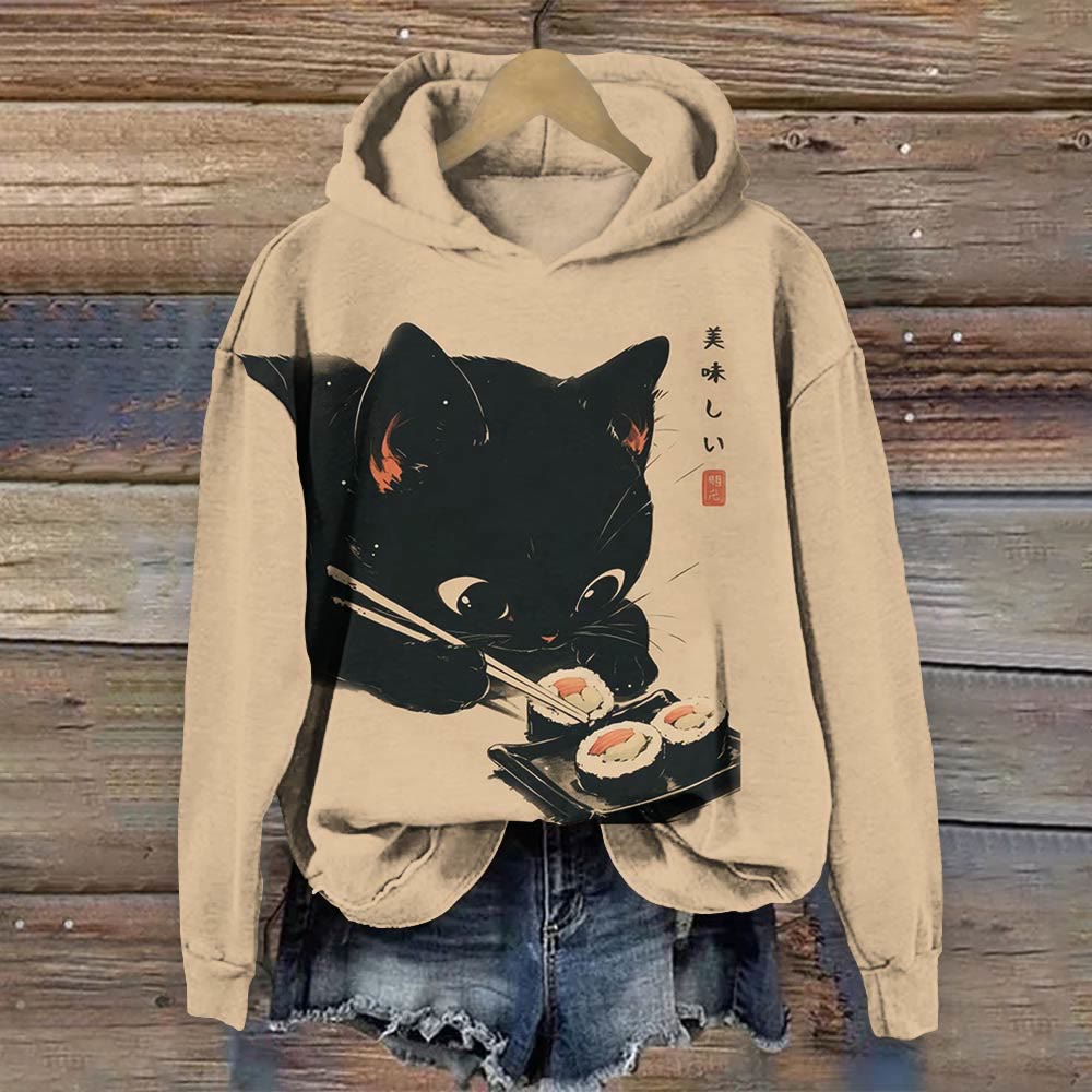 Japanese Art Eating Sushi Cat Print Long Sleeve Hoodie - Apricot - 8XL - image 1
