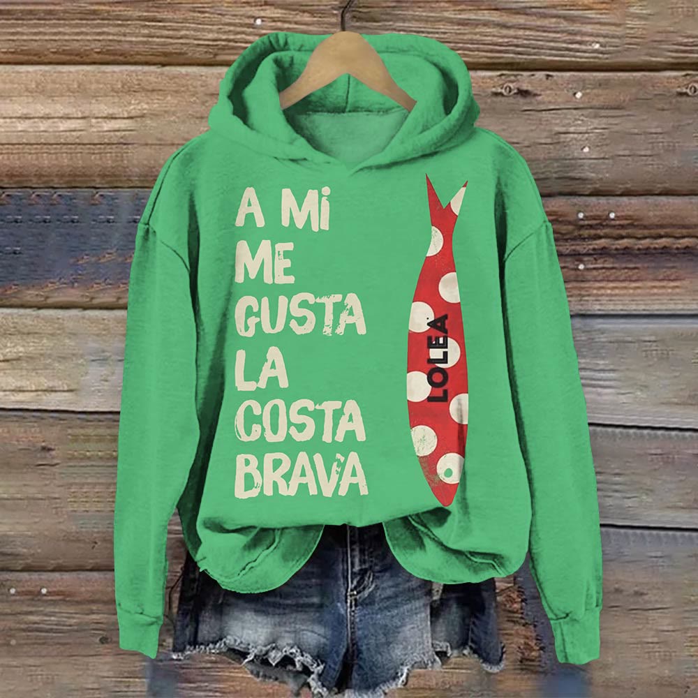 Red Fish Vintage Print Long Sleeve Hoodie - Green - 8XL - image 1