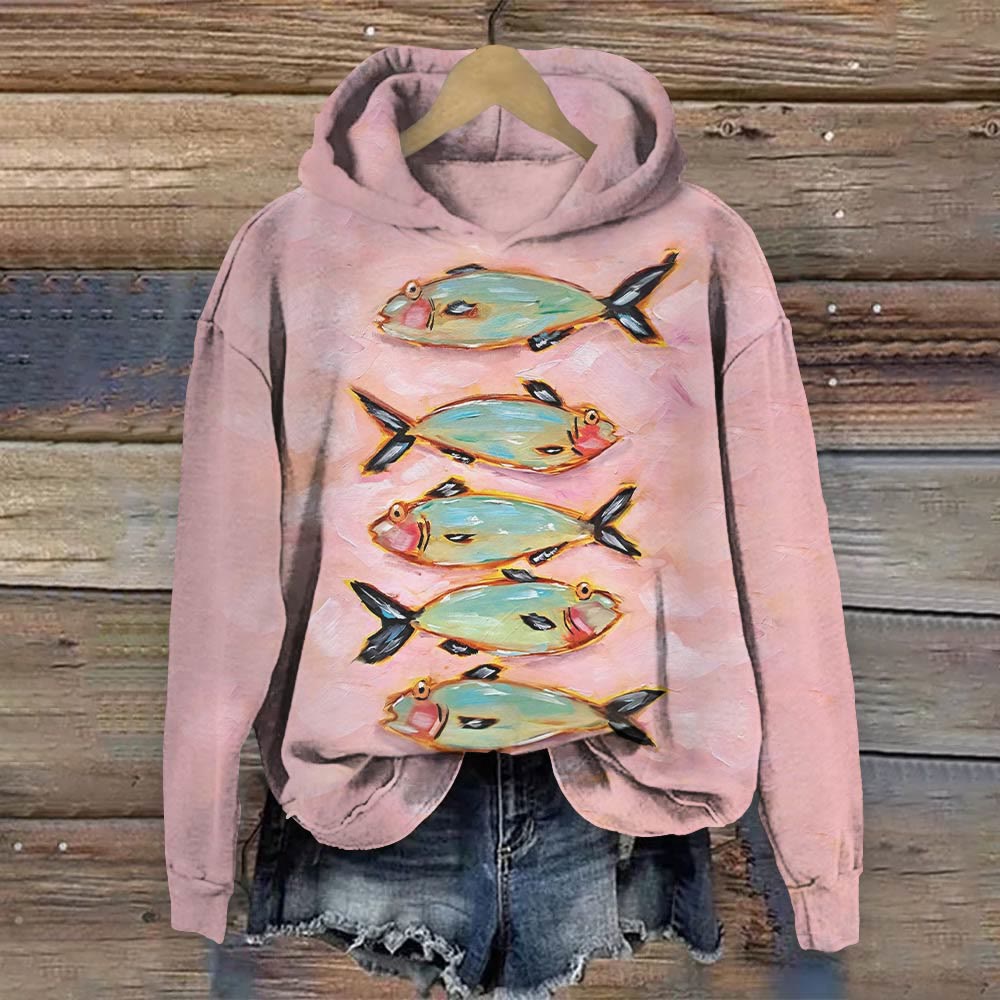 Fish Vintage Print Long Sleeve Hoodie - Pink - 8XL - image 1
