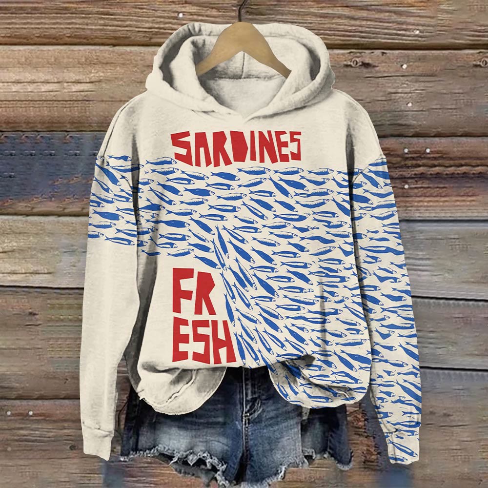 Fresh Sardines Art Vintage Print Long Sleeve Hoodie - Beige - 8XL - image 1