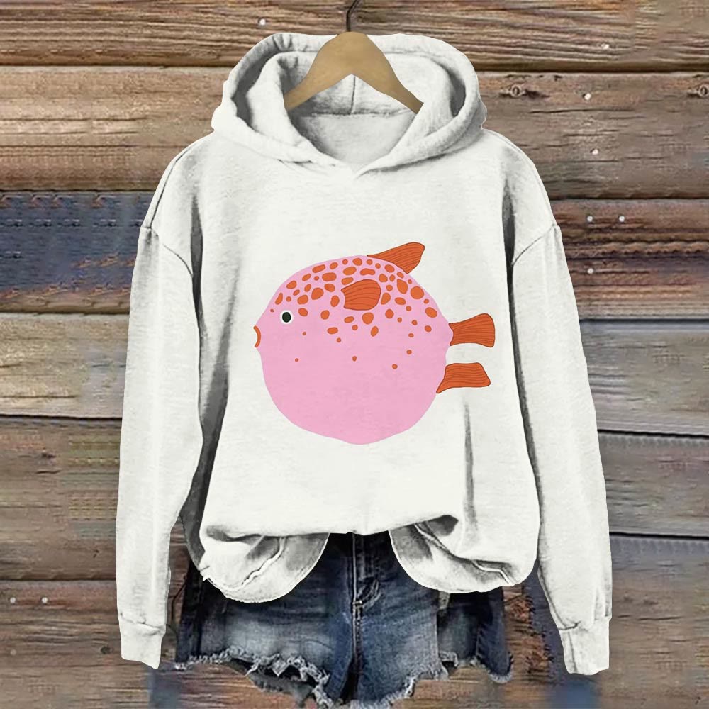 Pink Fish Art Vintage Print Long Sleeve Hoodie - Beige - 8XL - image 1