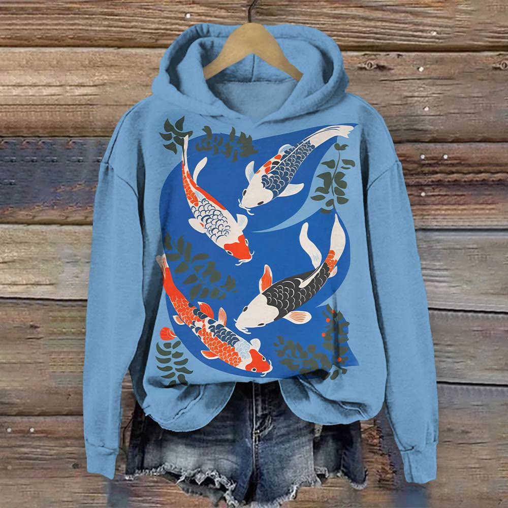 Japanese Koi Art Vintage Print Long Sleeve Hoodie - Blue - 8XL - image 1