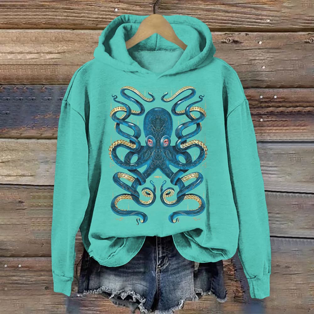 Japanese Octopus Art Vintage Print Long Sleeve Hoodie - Blue - 8XL - image 1