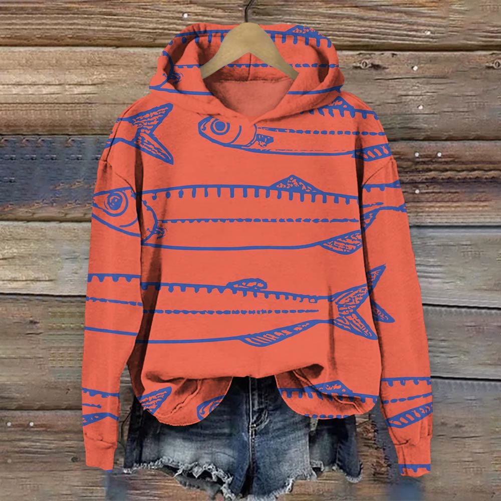 Fish Art Vintage Print Long Sleeve Hoodie - Red - 8XL - image 1