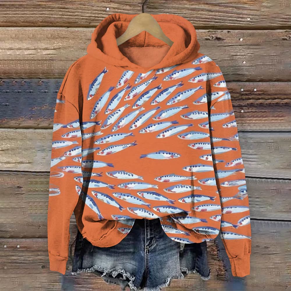 Fish School Art Vintage Print Long Sleeve Hoodie - Orange - 8XL - image 1