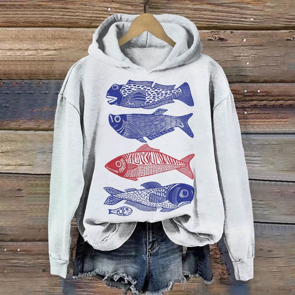 Japanese Style Fish Art Vintage Print Long Sleeve Hoodie - White - 8XL - image 1