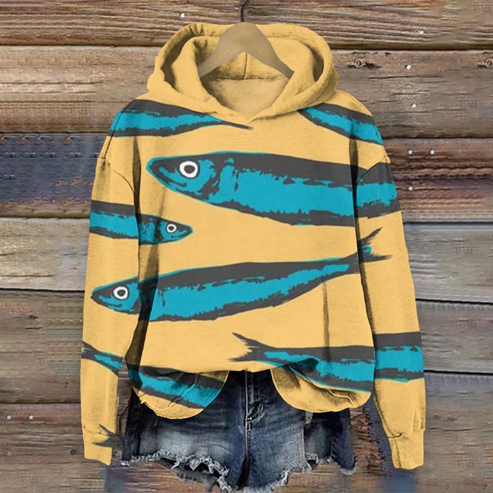 Japanese Style Blue Fish Art Vintage Print Long Sleeve Hoodie - Yellow - 8XL - image 1