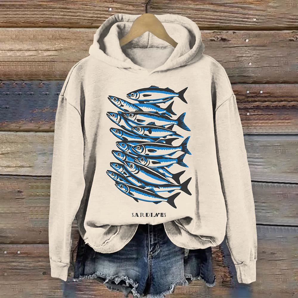 Japanese Vintage Fish School Sardines Art Print Long Sleeve Hoodie - Beige - 8XL - image 1