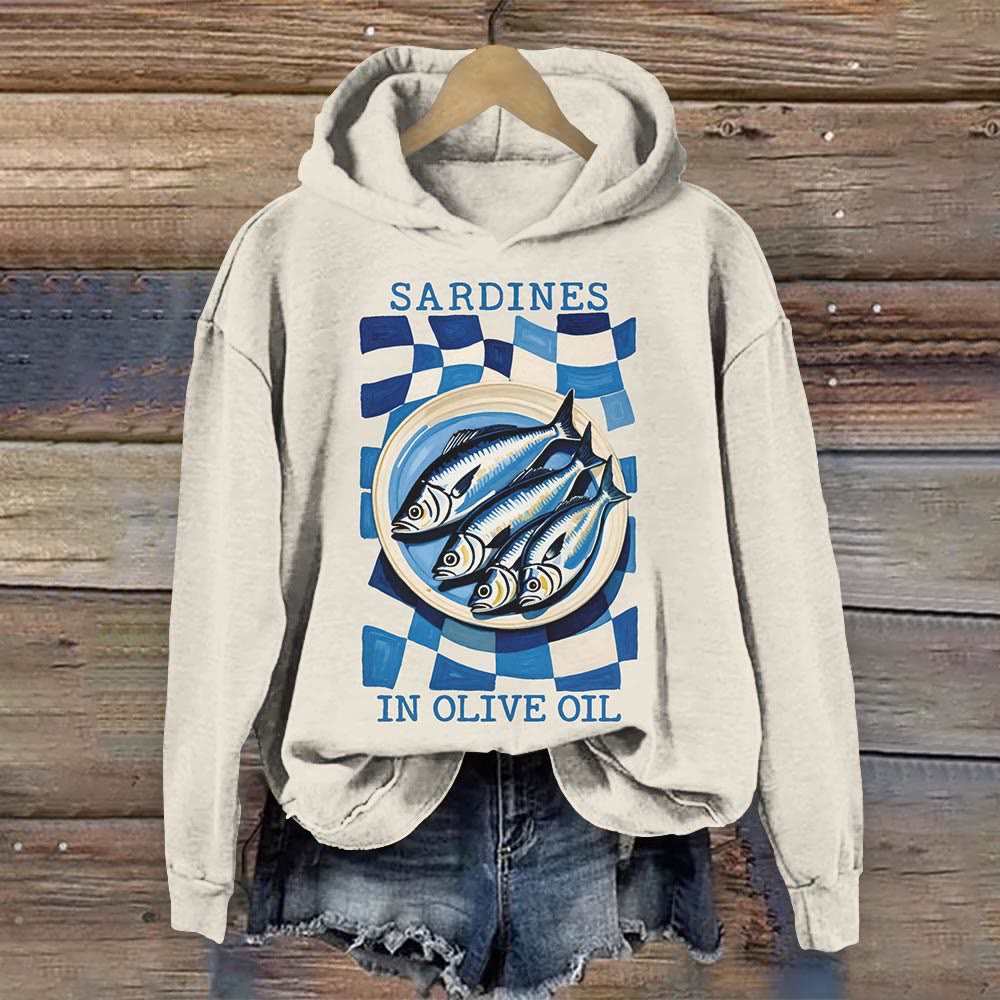 Japanese Vintage Sardines Art Print Long Sleeve Hoodie - Beige - 8XL - image 1