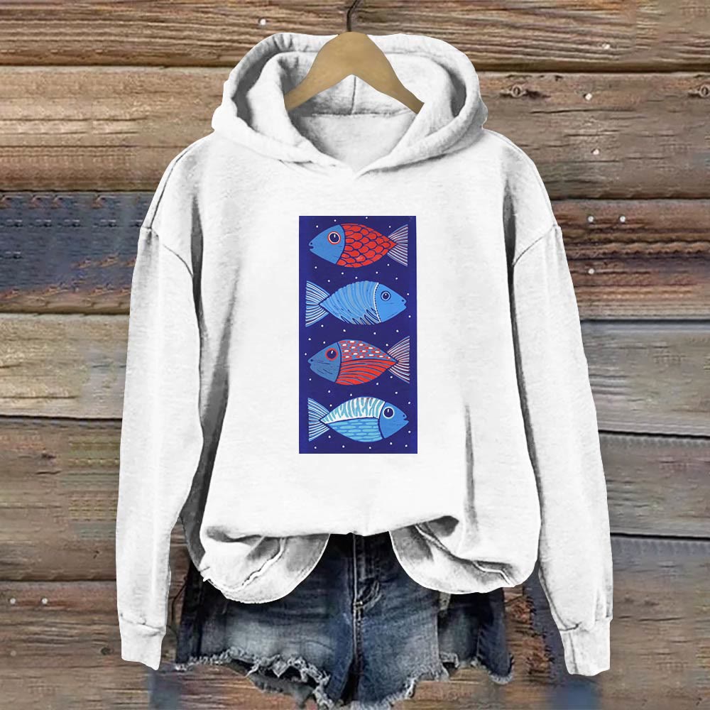 Cute Geometric Fish Art Print Long Sleeve Hoodie - White - 8XL - image 1