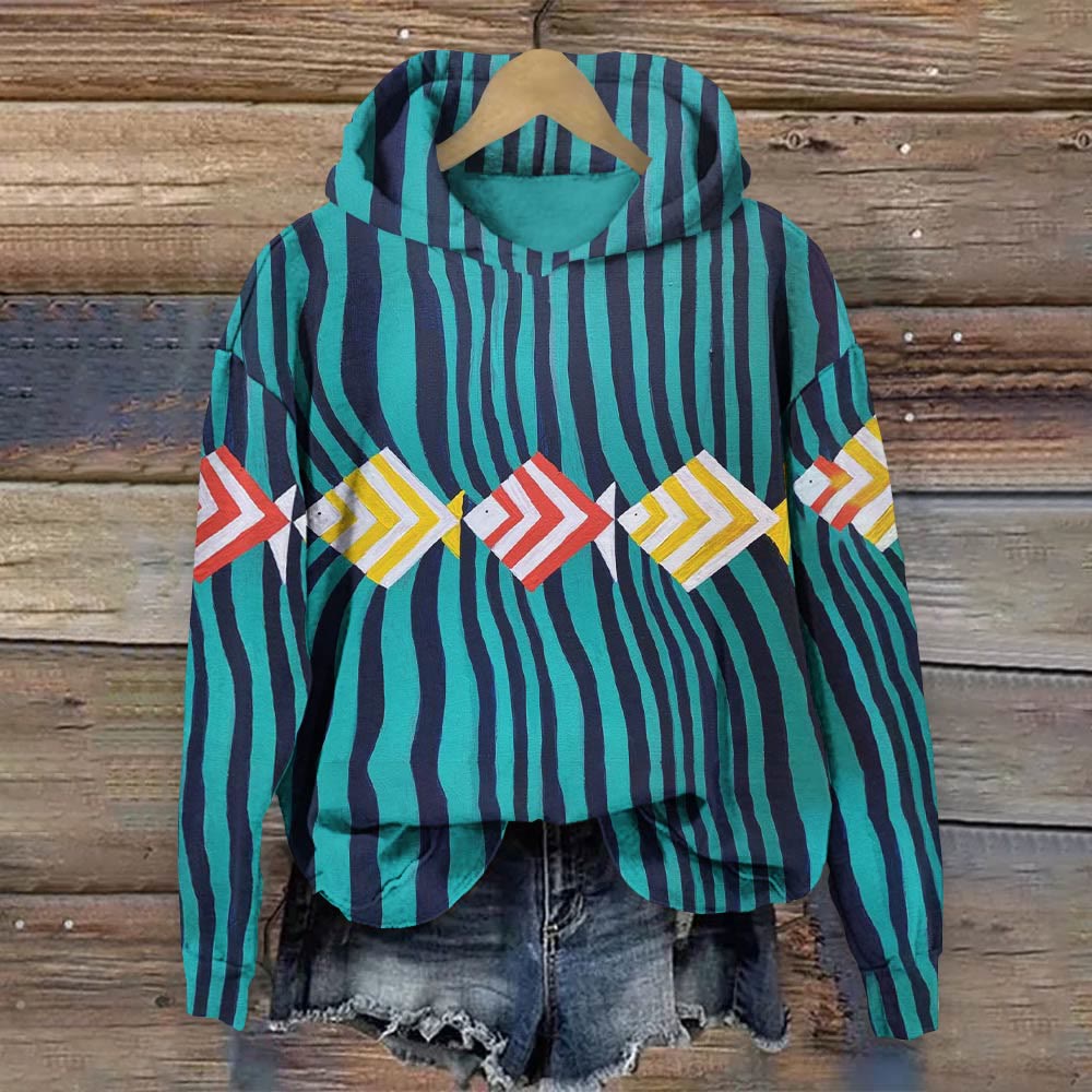 Multicolor Cute Geometric Fish Art Print Long Sleeve Hoodie - Multicolor - 8XL - image 1