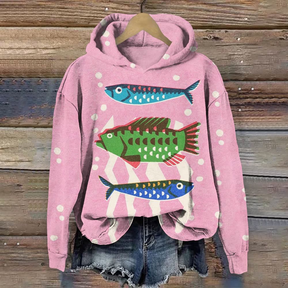 Multicolor Cute Fish Art Print Long Sleeve Hoodie - Multicolor - 8XL - image 1