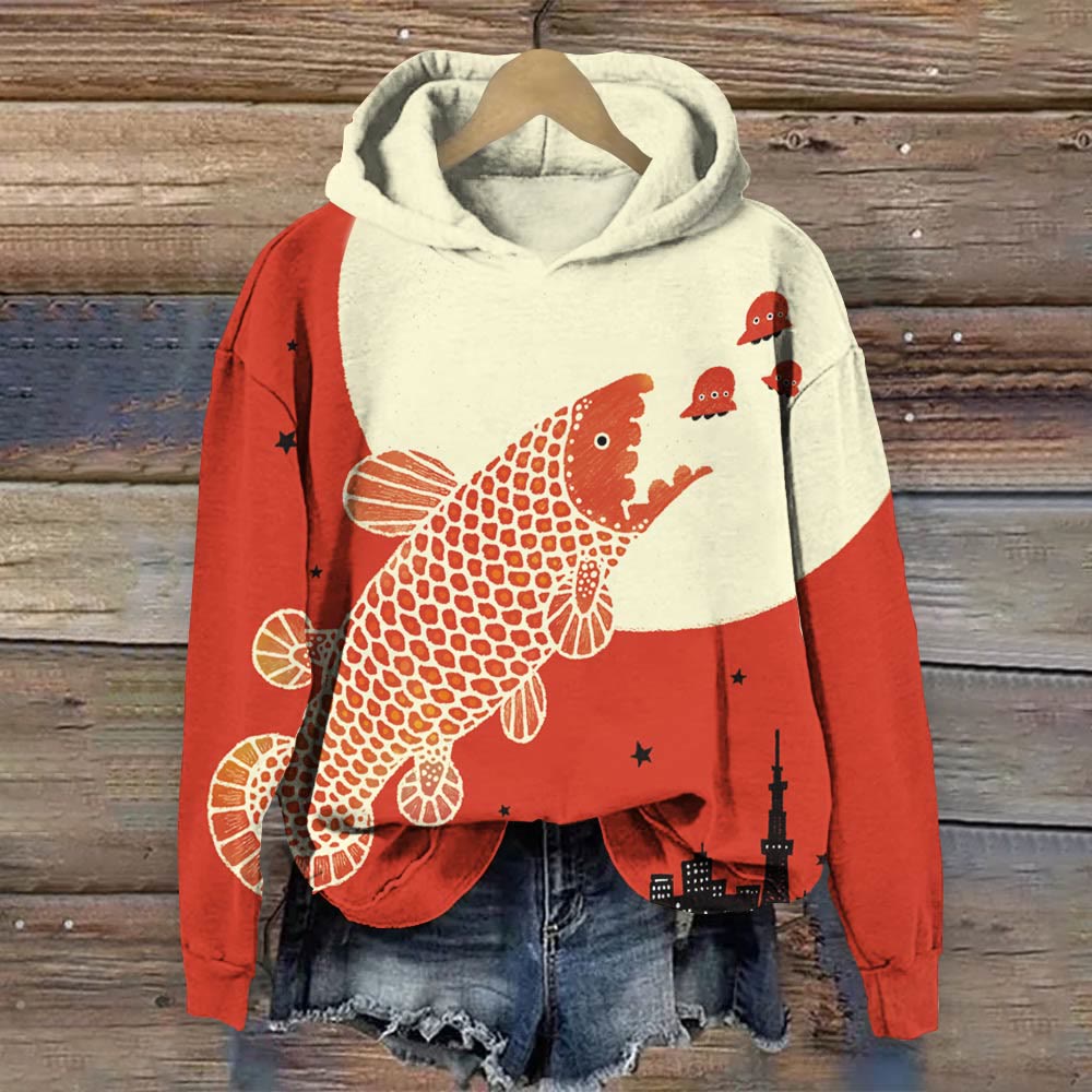 Japanese Vintage Fish Art Print Long Sleeve Hoodie - Red - 8XL - image 1