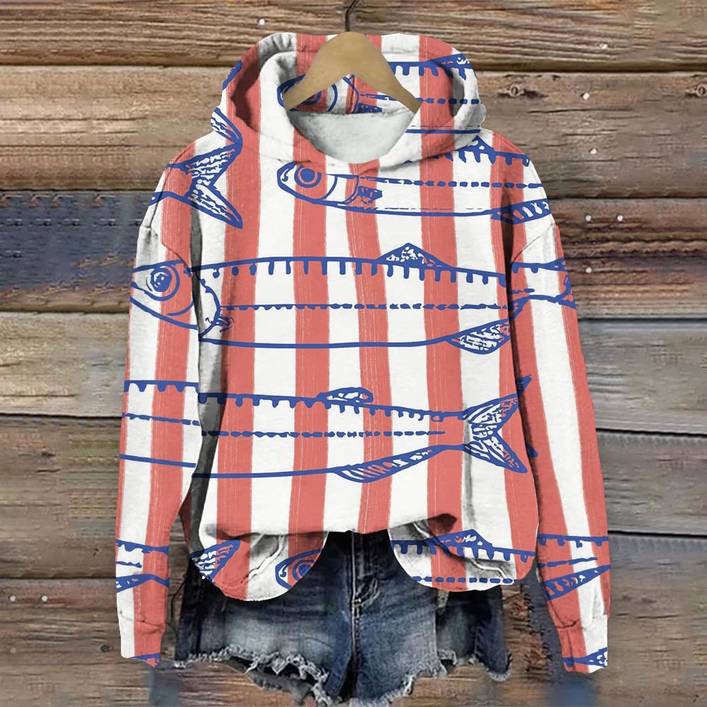 Japanese Vintage Fish Art Print Long Sleeve Hoodie - Multicolor - 8XL - image 1