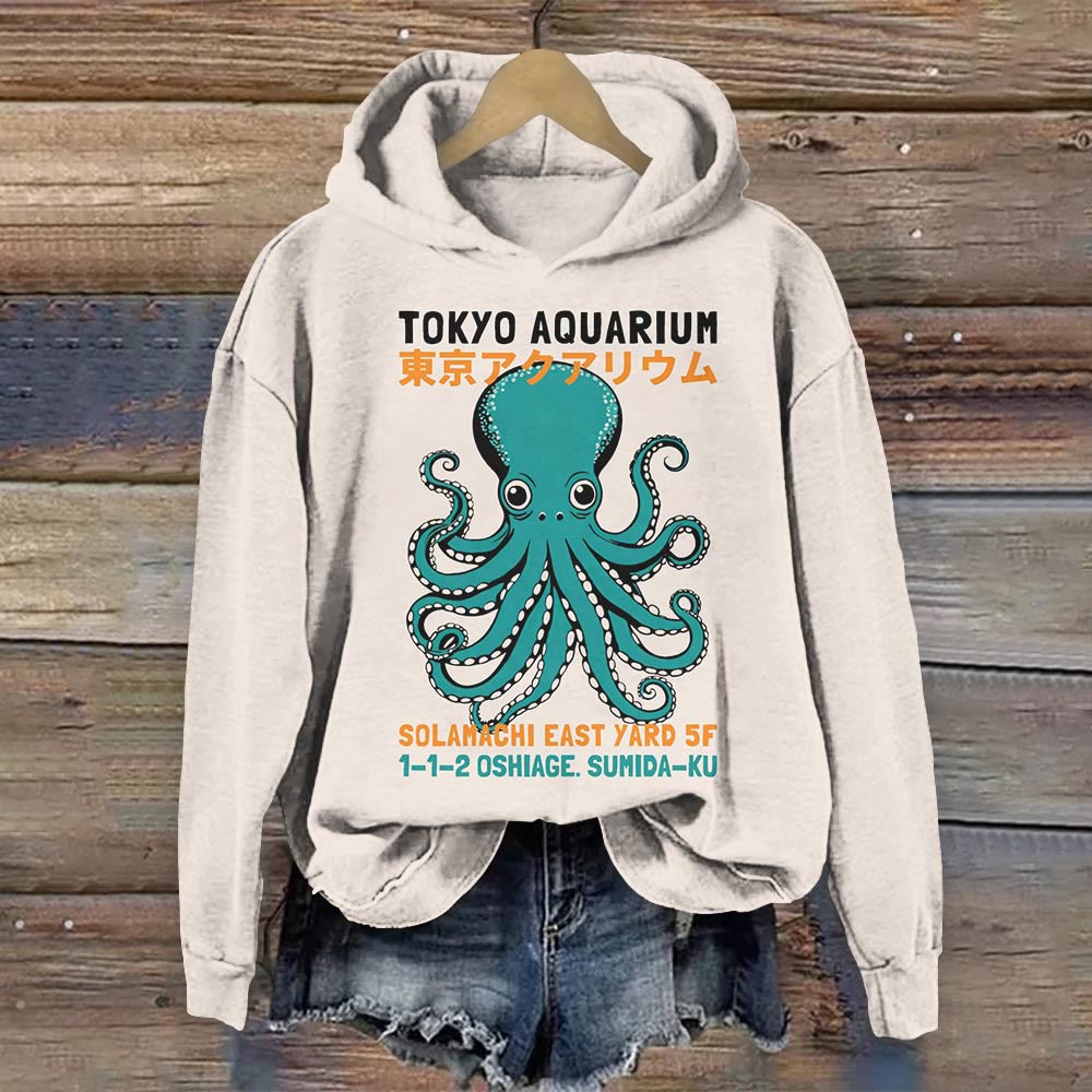 Japanese Vintage Octopus Art Print Long Sleeve Hoodie - Beige - 8XL - image 1