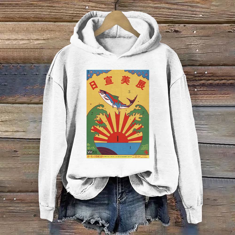 Japanese Vintage Fish Art Print Long Sleeve Hoodie - White - 8XL - image 1