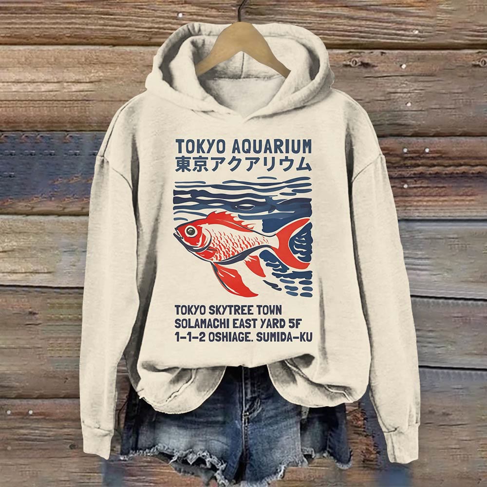 Japanese Vintage Tokyo Aquarium Art Print Long Sleeve Hoodie - Beige - 8XL - image 1