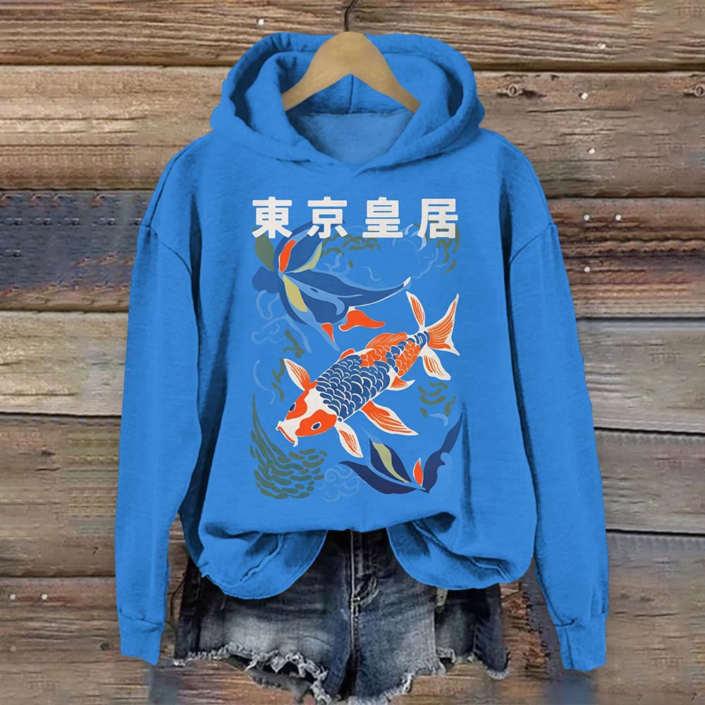 Japanese Vintage Koi Art Print Long Sleeve Hoodie - Blue - 8XL - image 1