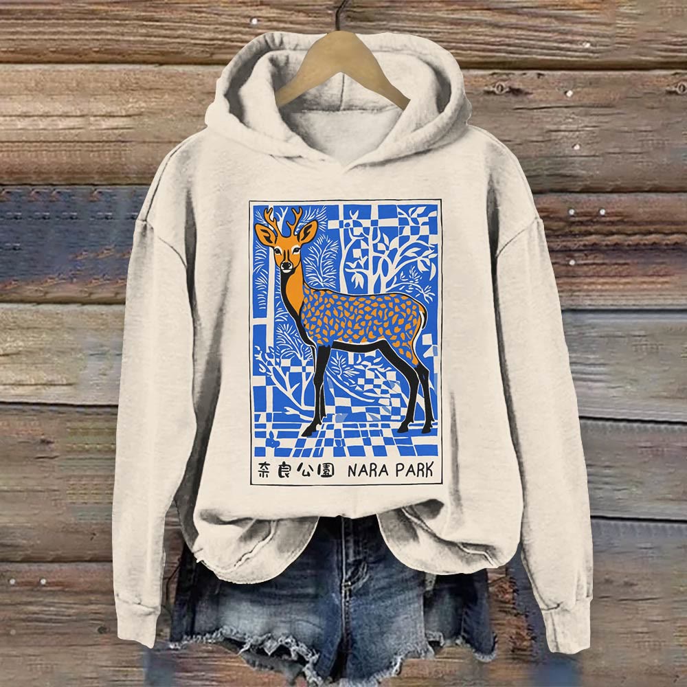 Japanese Nara Park Art Print Long Sleeve Hoodie - Beige - 8XL - image 1