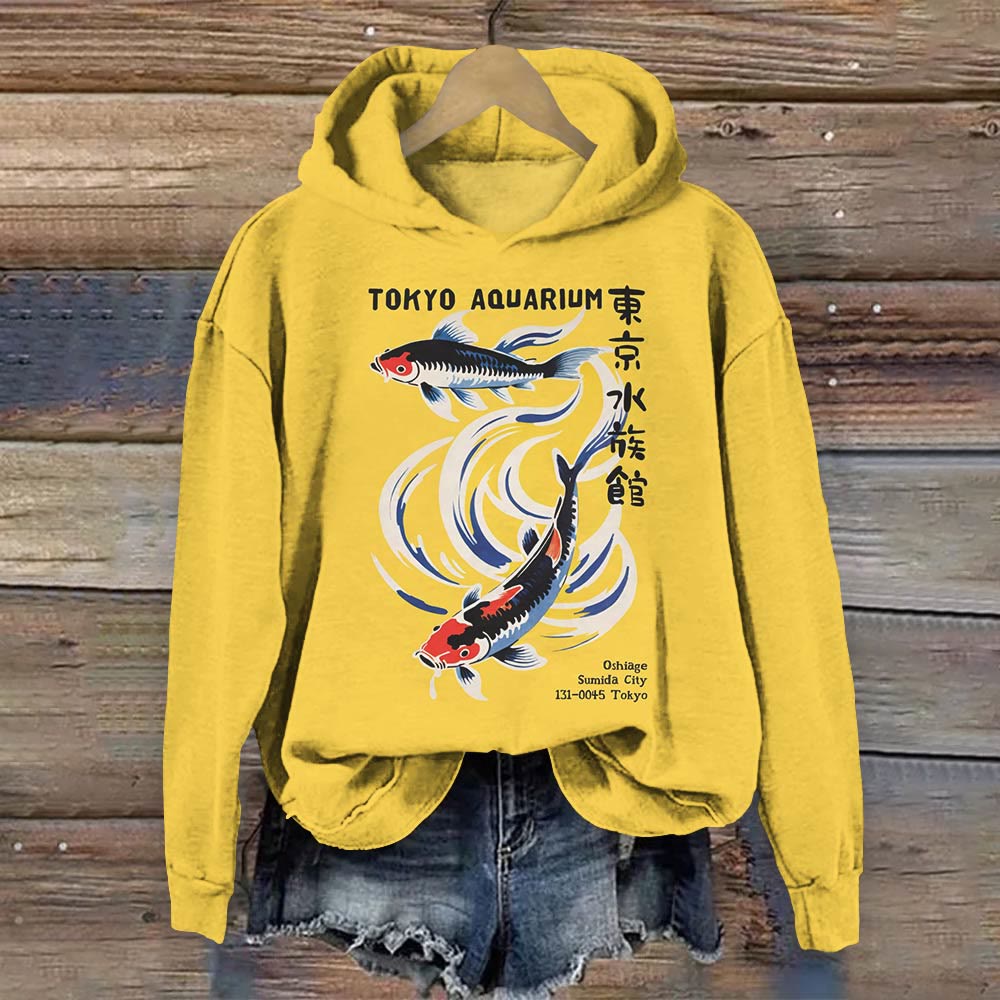 Japanese Vintage Tokyo Aquarium Art Print Long Sleeve Hoodie - Yellow - 8XL - image 1
