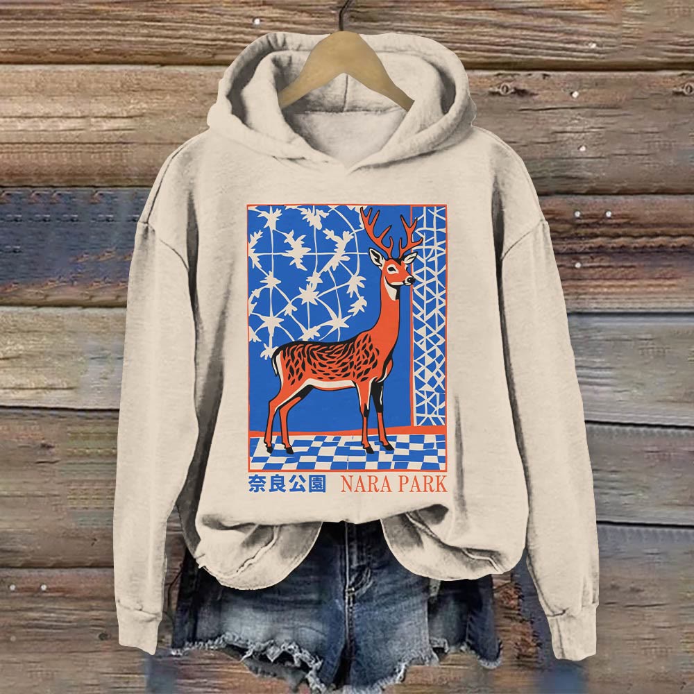 Japanese Nara Park Vintage Art Print Long Sleeve Hoodie - Beige - 8XL - image 1
