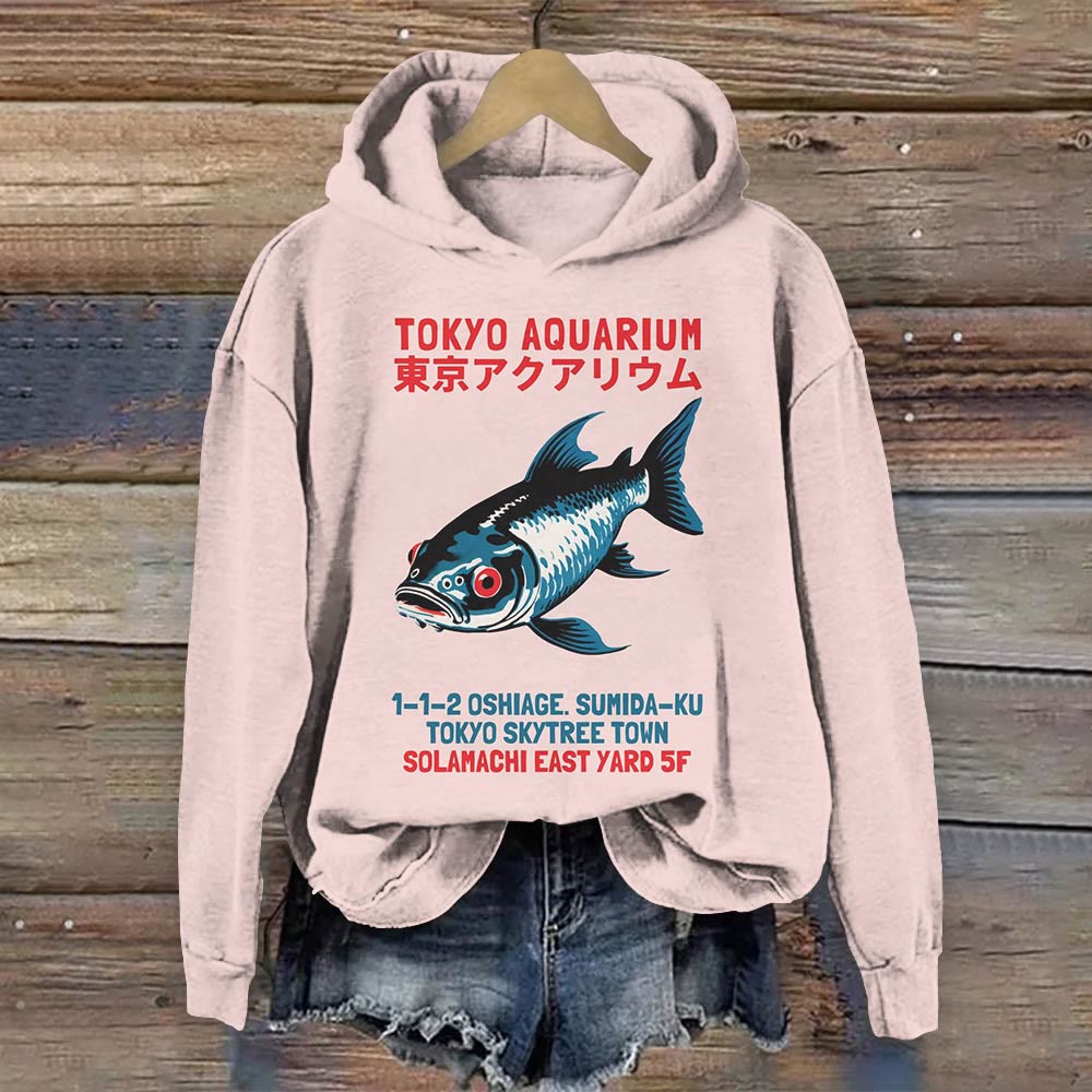 Tokyo Aquarium Vintage Art Print Long Sleeve Hoodie - Pink - 8XL - image 1
