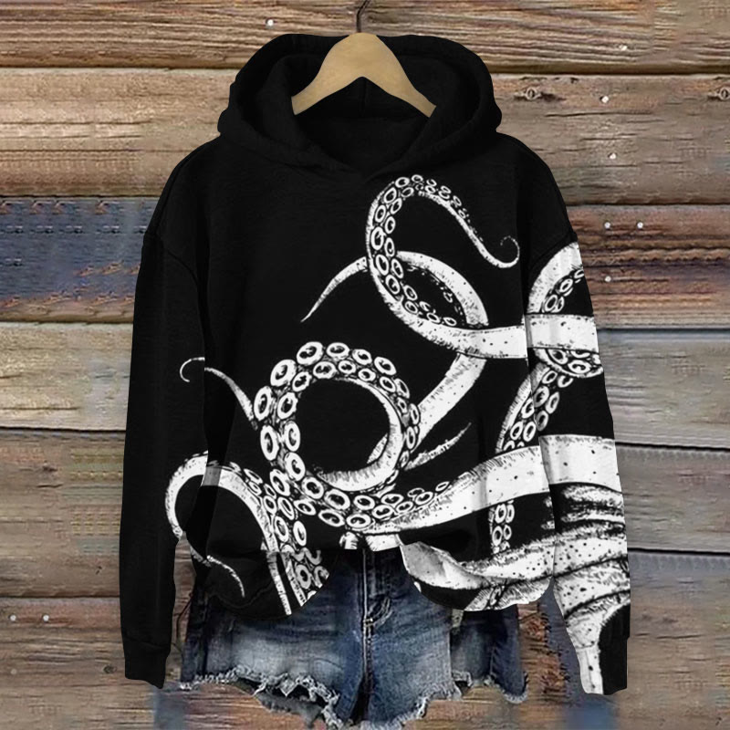 Contrast Octopus Tentacles Print Long Sleeve Hoodie - Black - 8XL - image 1