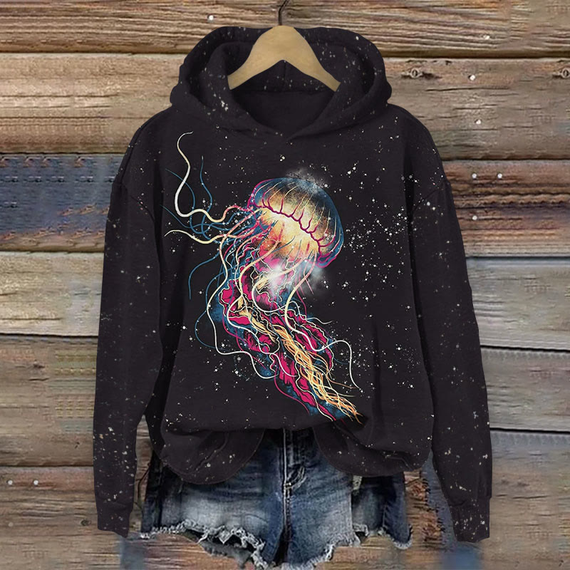 Women's Starry Jellyfish Art Print Long Sleeve Hoodie - Black - 8XL - image 1
