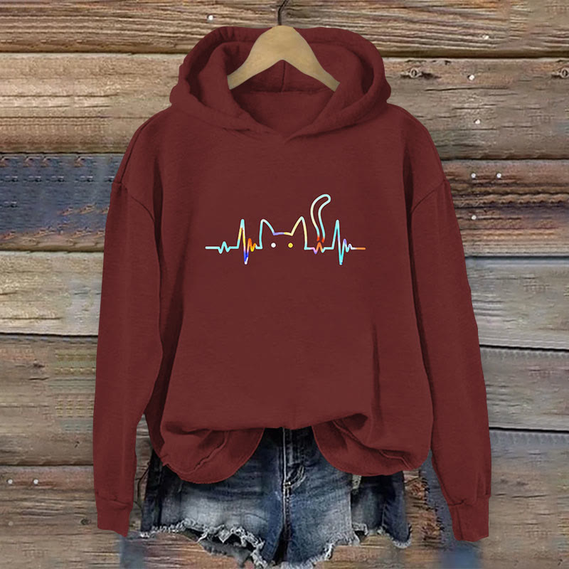 Rainbow ECG Cat Print Long Sleeve Hoodie - Wine - 8XL - image 2