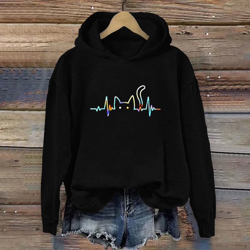 Rainbow ECG Cat Print Long Sleeve Hoodie - Black - 8XL - image 1