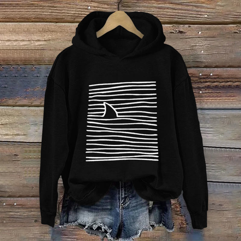 Women's Shark Art Print Long Sleeve Hoodie - Black - 8XL - image 5