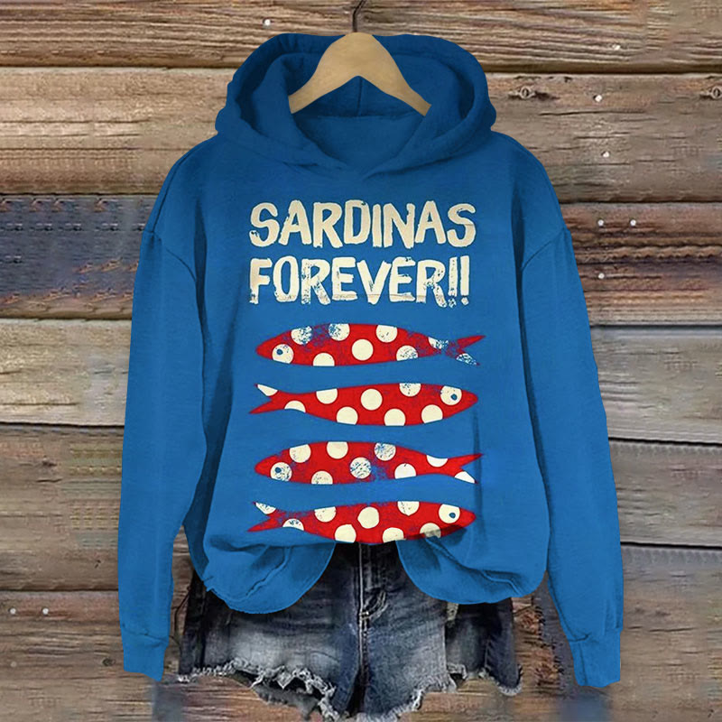 Women's Creative Sardinas Forever Casual Art Print Long Sleeve Hoodie - Blue - 8XL - image 1