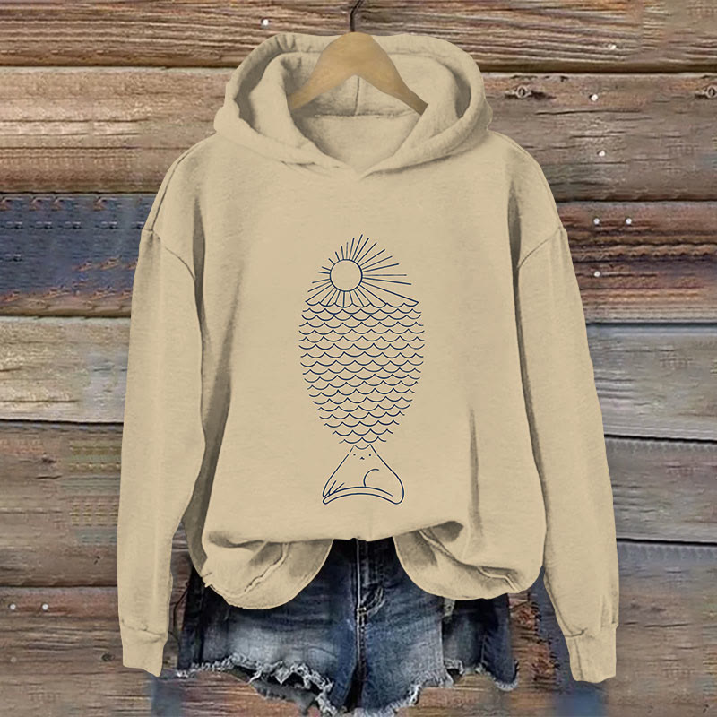 Creative Design Simple Cat Fish Art Print Long Sleeve Hoodie - Khaki - 8XL - image 2