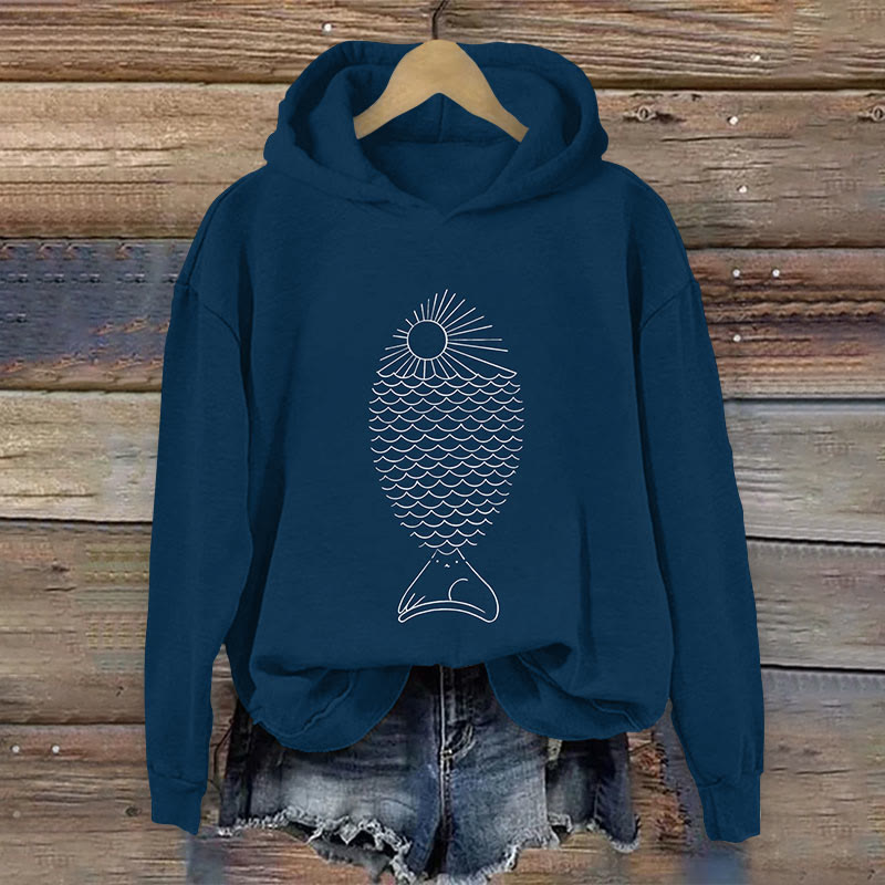 Creative Design Simple Cat Fish Art Print Long Sleeve Hoodie - Blue - 8XL - image 1