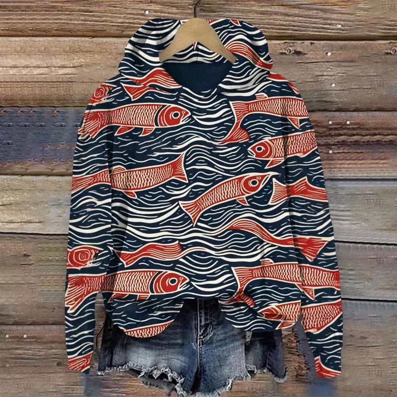 Women's Creative Line Wave Fish Art Print Long Sleeve Hoodie - Blue - 8XL - image 1