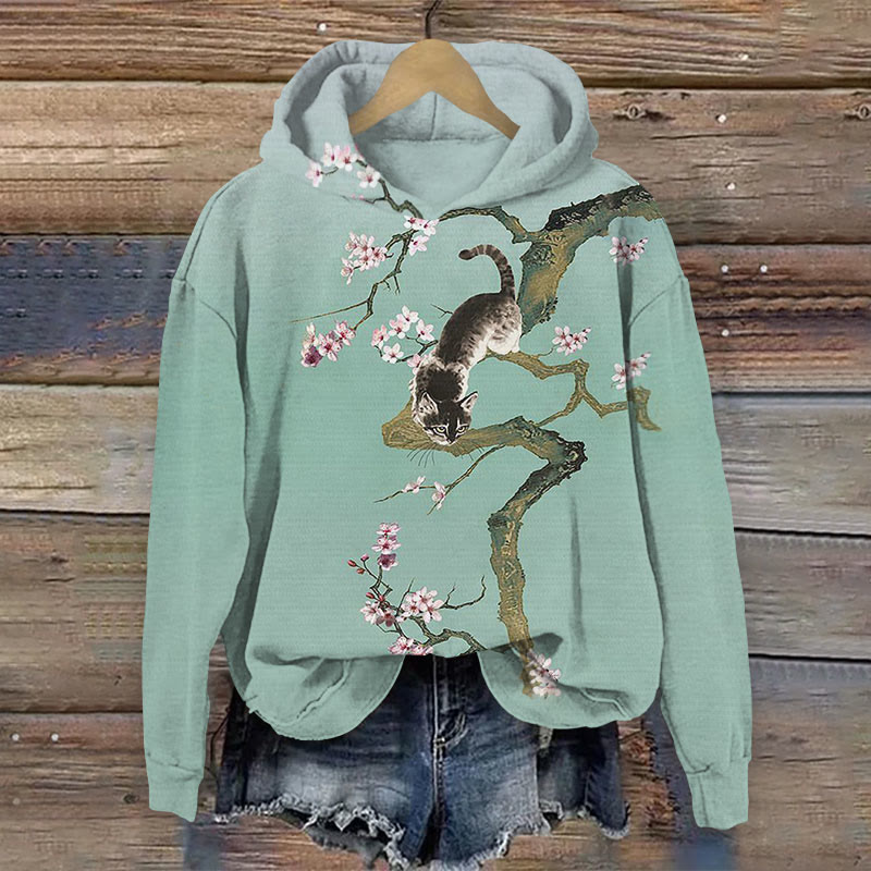 Japanese Plum Cat Print Long Sleeve Hoodie - Mint - 8XL - image 1