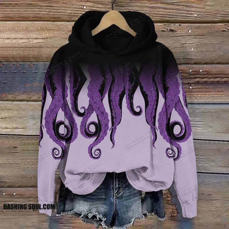 Devil Octopus Tentacles Contrast Print Long Sleeve Hoodie