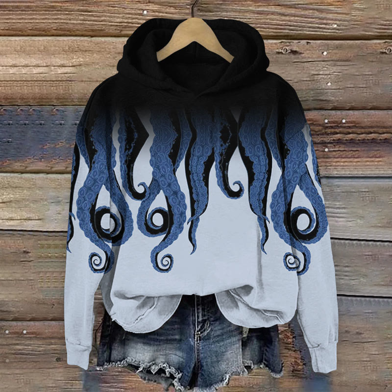 Devil Octopus Tentacles Contrast Print Long Sleeve Hoodie - Blue - 8XL - image 1